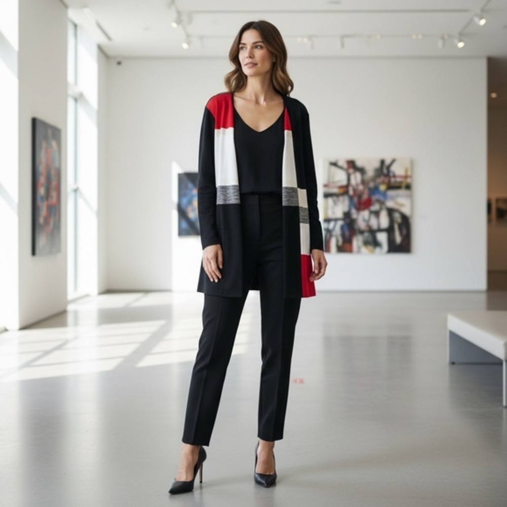 MISOOK Colorblock Open Front Knit Jacket Blazer Black Red White SZ L